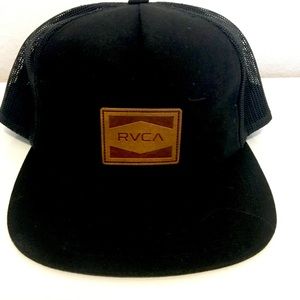 RVCA adjustable black hat with brown leather patch